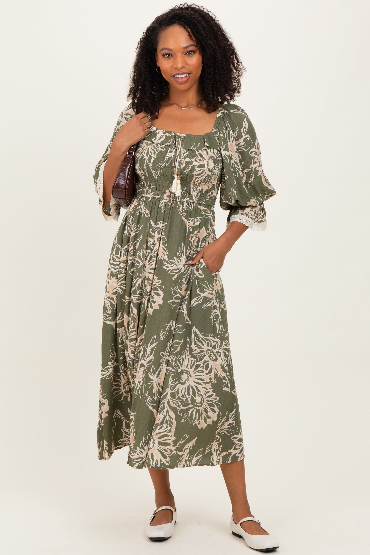 Olive Floral Smocked 3/4 Sleeve Midi Dress