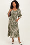 Olive Floral Smocked 3/4 Sleeve Midi Dress