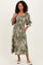 Olive Floral Smocked 3/4 Sleeve Midi Dress