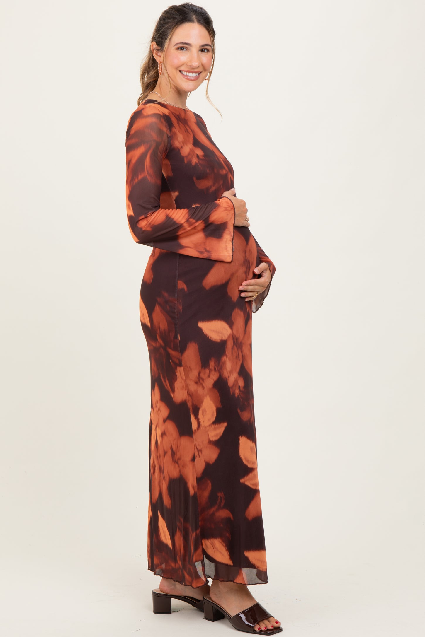 Burgundy Flora Mesh Overlay Maternity Maxi Dress