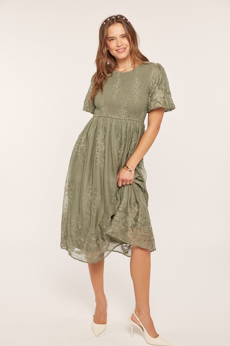 Light Olive Floral Lace Smocked Midi Dress