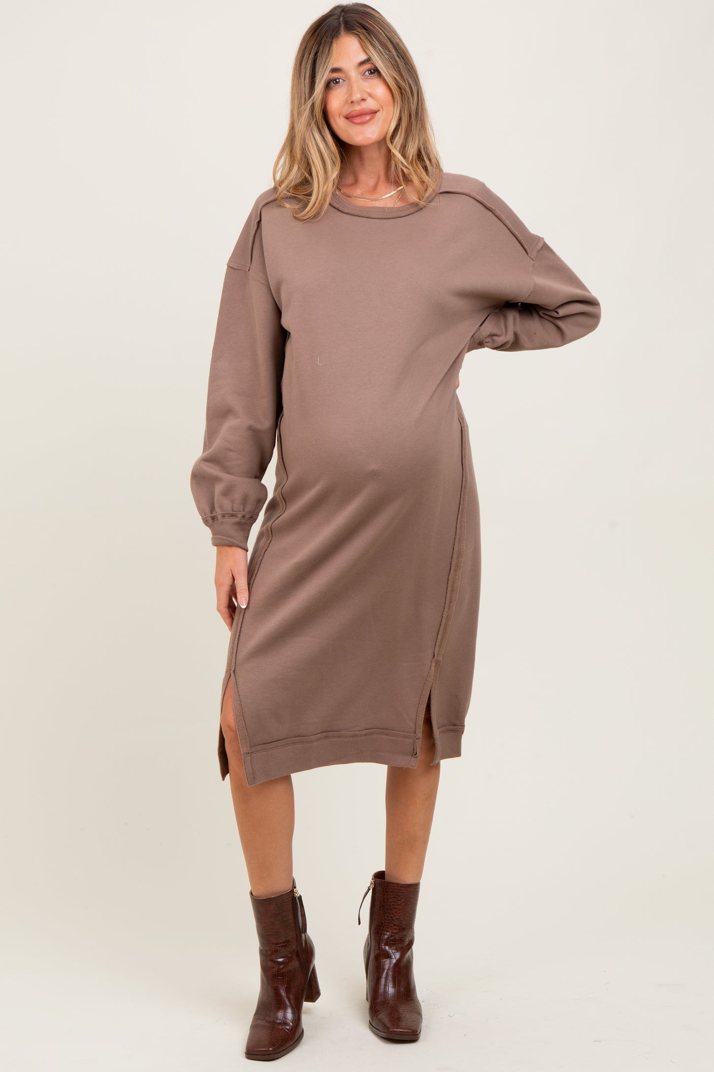 Mocha Maternity Sweatshirt Midi Dress