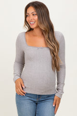 Grey Pointelle Knit Lace Trim Square Neck Maternity Top