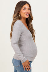 Grey Pointelle Knit Lace Trim Square Neck Maternity Top
