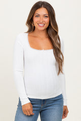 White Pointelle Knit Lace Trim Square Neck Maternity Top