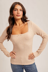 Beige Pointelle Knit Lace Trim Square Neck Top