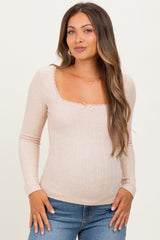 Beige Pointelle Knit Lace Trim Square Neck Maternity Top