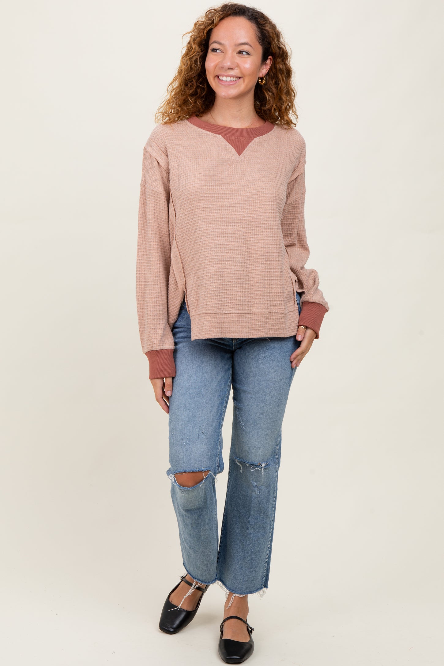 Mocha Oversized Contrast Trim Thermal Pullover