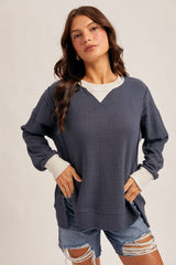 Navy Oversized Contrast Trim Maternity Thermal Pullover