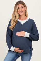 Navy Oversized Contrast Trim Maternity Thermal Pullover