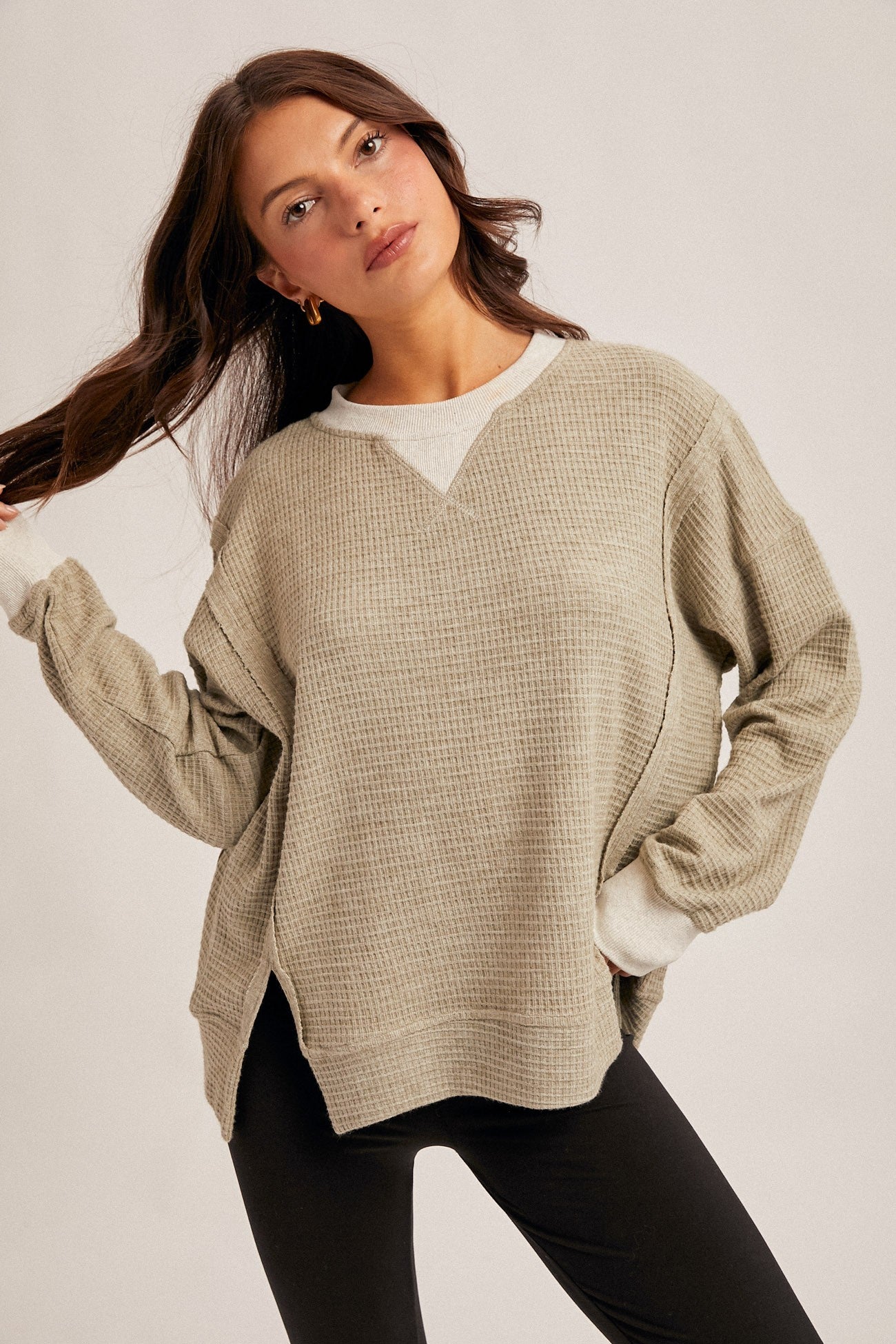 Light Olive Oversized Contrast Trim Thermal Pullover