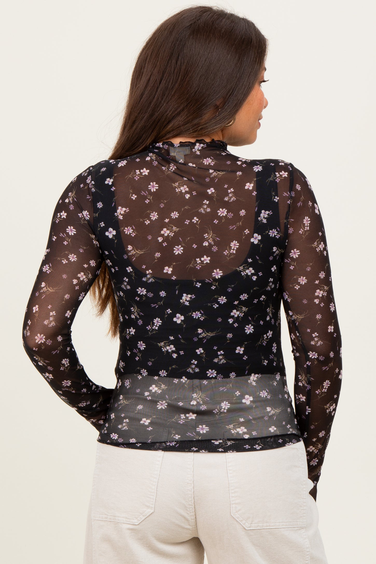 Black Floral Mock Neck Sheer Mesh Maternity Long Sleeve Top