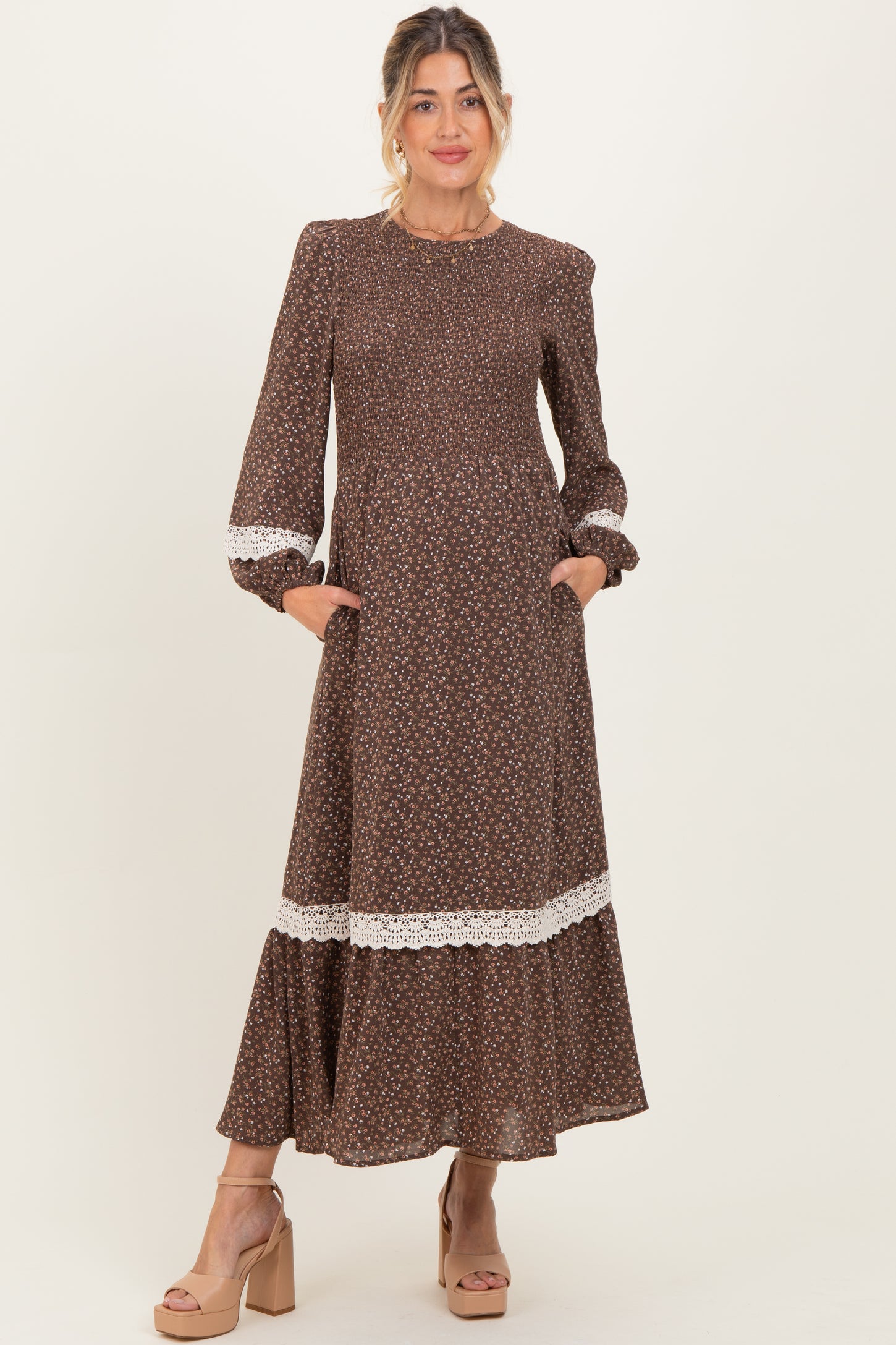 Brown Floral Smocked Crochet Lace Accent Maternity Maxi Dress