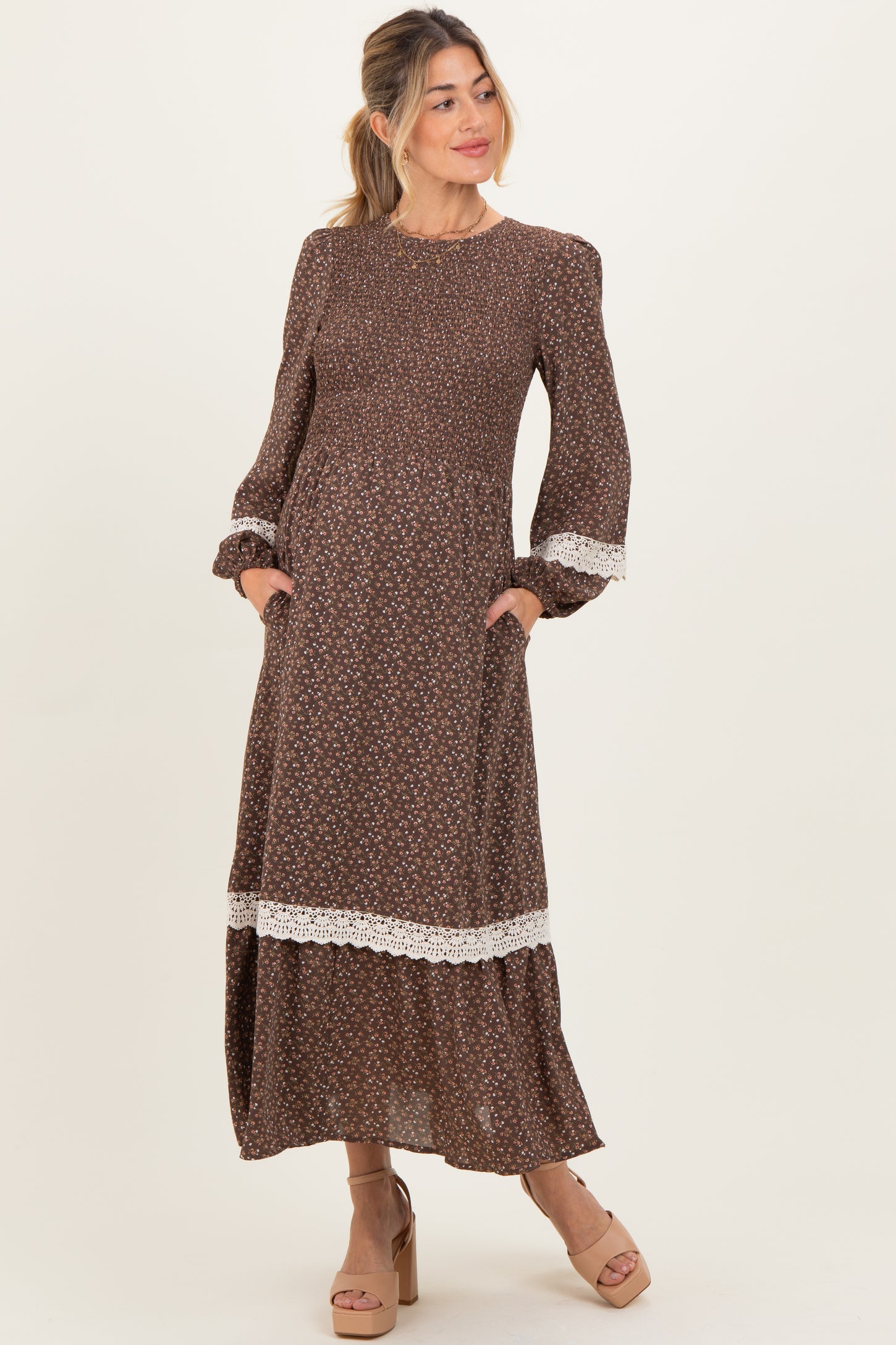 Brown Floral Smocked Crochet Lace Accent Maternity Maxi Dress PinkBlush Brown Floral Smocked Crochet Lace Accent Maternity Maxi Dress PinkBlush