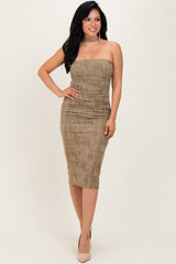 Olive Brushed Print Ruched Midi Dress