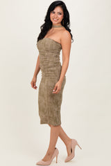 Olive Brushed Print Ruched Midi Dress