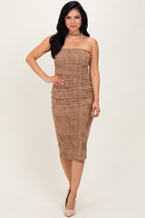 Mocha Brushed Print Ruched Midi Dress