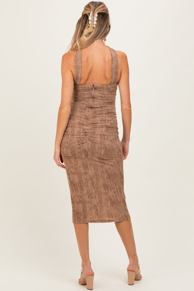 Mocha Brushed Print Ruched Maternity Midi Dress