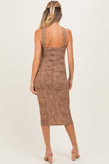 Mocha Brushed Print Ruched Maternity Midi Dress