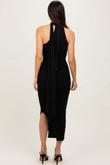 Black Mesh Draped Scarf Ruched Midi Dress