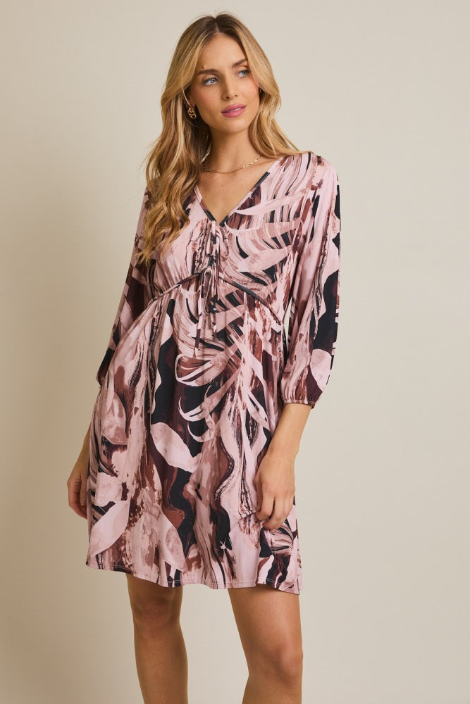 Light Pink Printed V-Neck Front Tie 3/4 Sleeve Maternity Mini Dress