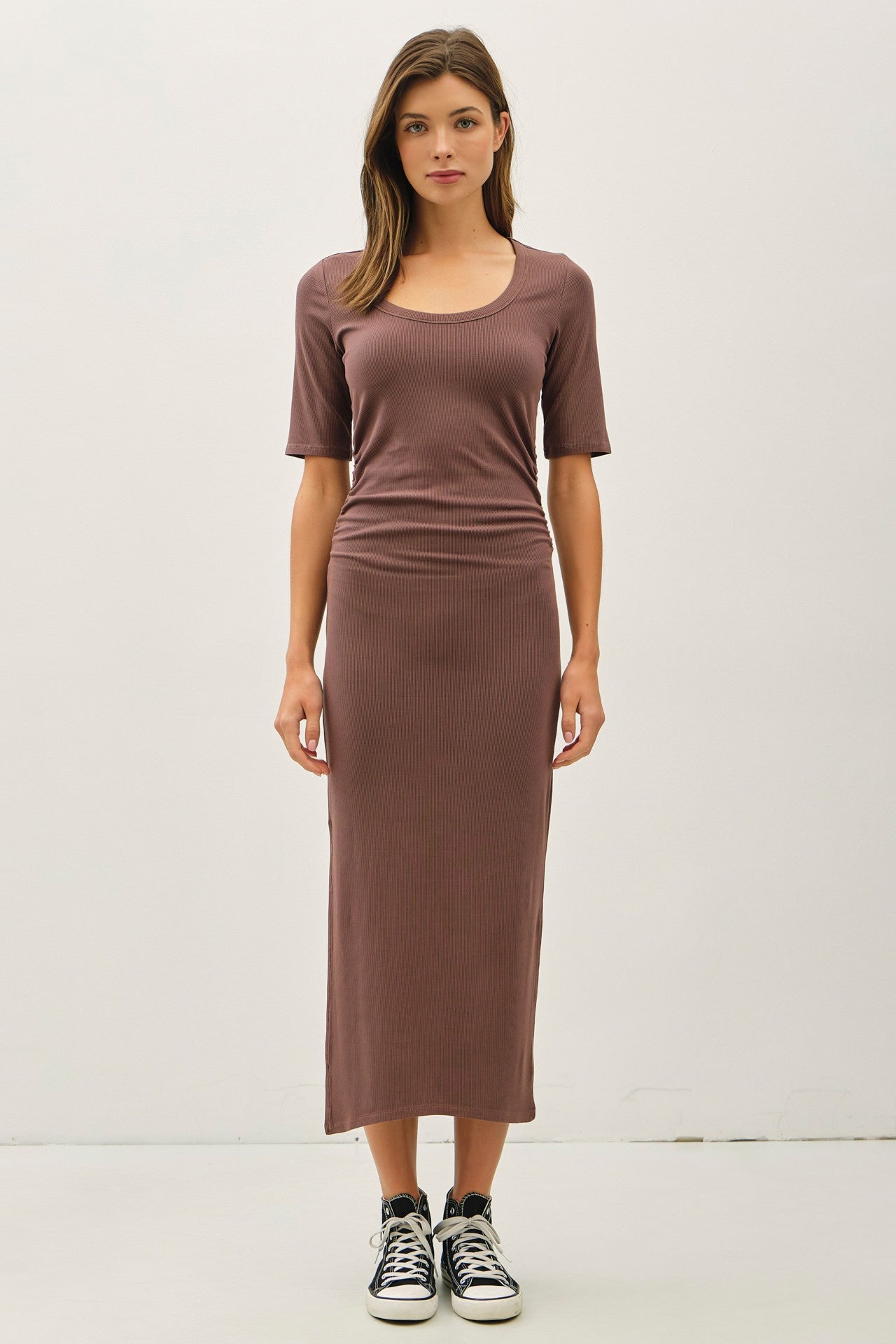 Brown Ruched Short Sleeve Side Slit Midi Dress Brown Ruched Short Sleeve Side Slit Midi Dress