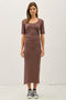 Brown Ruched Short Sleeve Side Slit Midi Dress