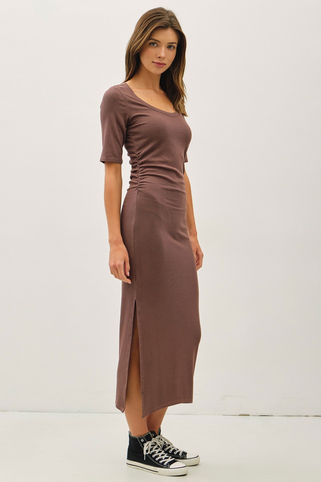 Brown Ruched Short Sleeve Side Slit Midi Dress Brown Ruched Short Sleeve Side Slit Midi Dress