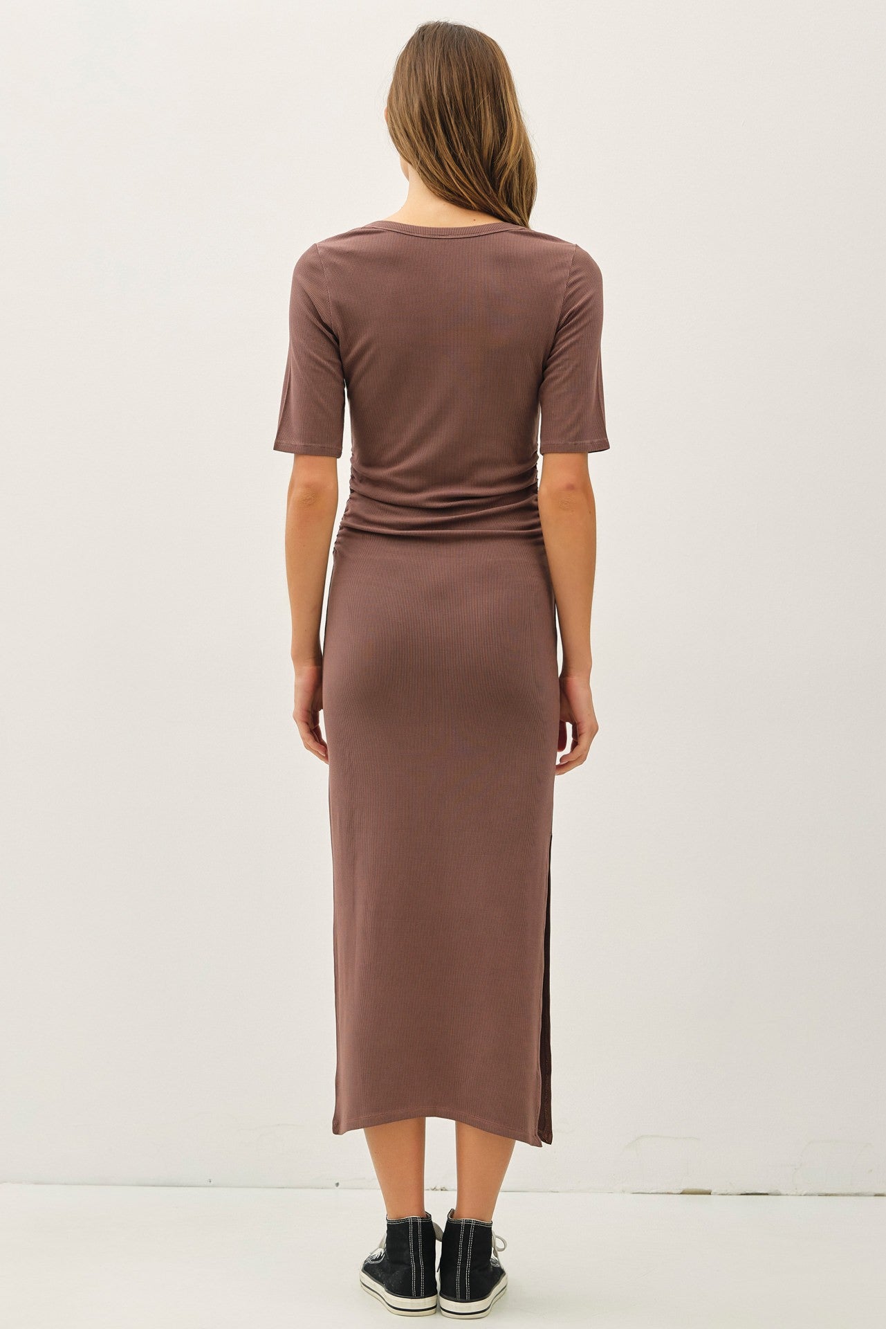 Brown Ruched Short Sleeve Side Slit Midi Dress
