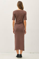 Brown Ruched Short Sleeve Side Slit Midi Dress