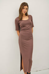 Brown Ruched Short Sleeve Side Slit Midi Dress