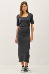 Charcoal Ruched Short Sleeve Side Slit Maternity Midi Dress