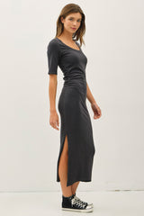 Charcoal Ruched Short Sleeve Side Slit Midi Dress
