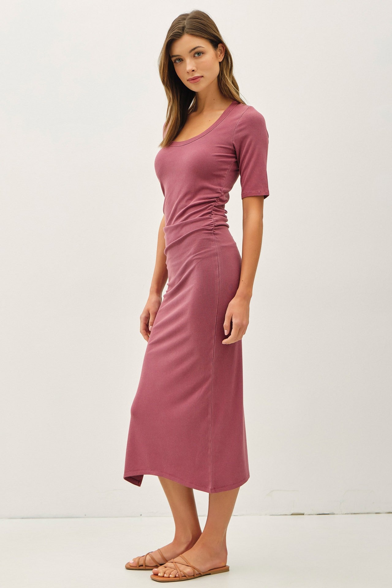 Mauve Ruched Short Sleeve Side Slit Midi Dress