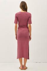Mauve Ruched Short Sleeve Side Slit Midi Dress