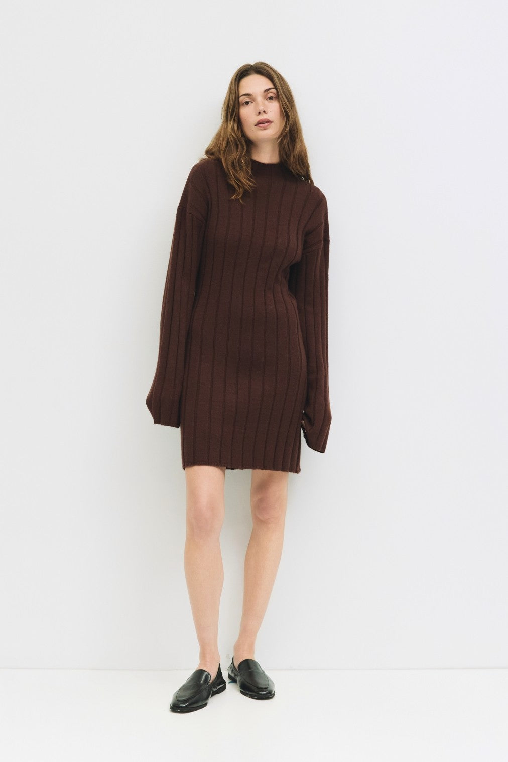 Brown Wide Rib Mock Neck Sweater Mini Dress