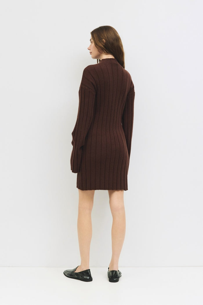 woman wearing a brown ribbed sweater dress, showing the back view with long sleeves and a relaxed fit