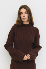 Brown Wide Rib Mock Neck Sweater Mini Dress