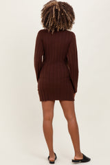 Brown Wide Rib Mock Neck Maternity Sweater Mini Dress