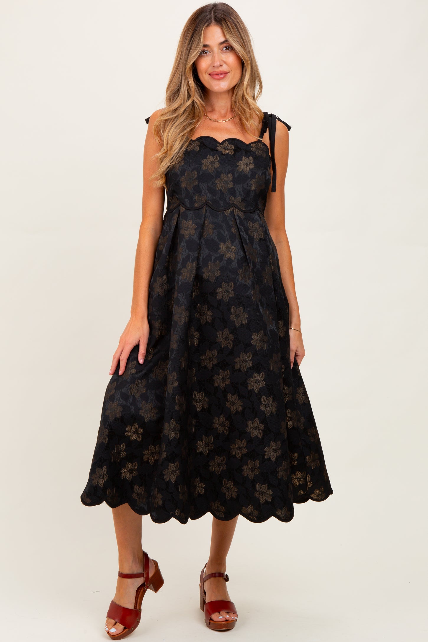 Black Floral Jacquard Shoulder Tie Maternity Midi Dress