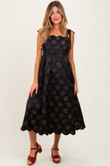 Black Floral Jacquard Shoulder Tie Maternity Midi Dress