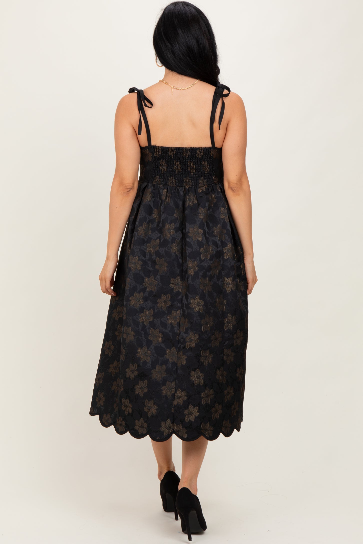 Black Floral Jacquard Shoulder Tie Midi Dress
