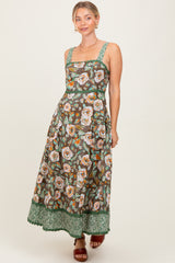 Brown Floral Contrast Print Sleeveless Midi Dress