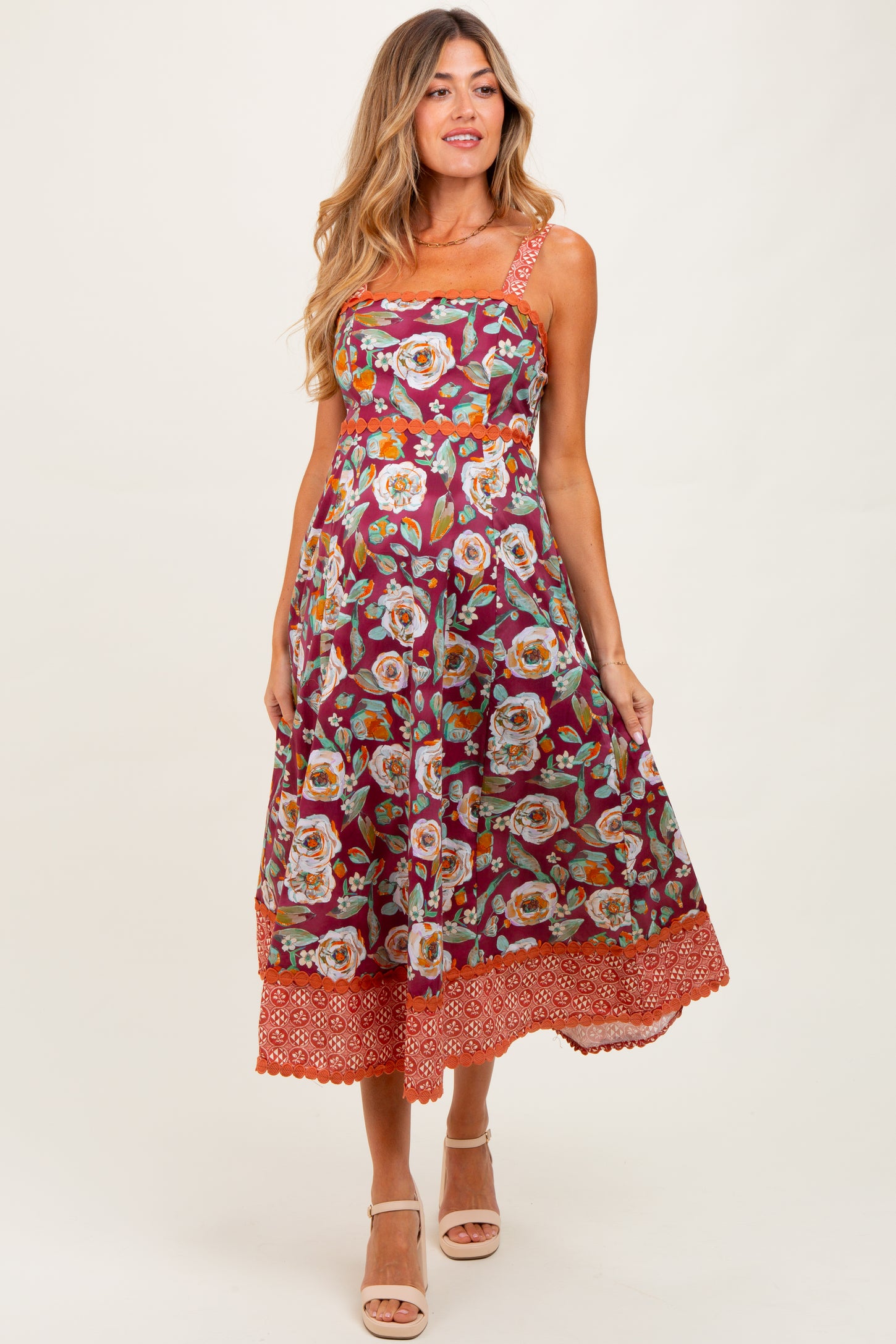 Burgundy Floral Contrast Print Sleeveless Maternity Midi Dress