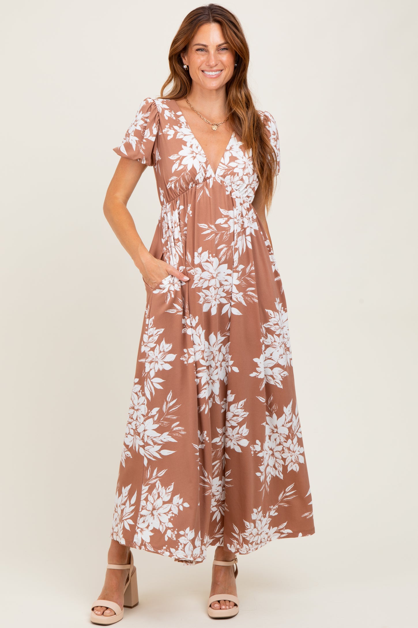 Mocha Floral Print Short Sleeve V-Neck Maxi Dress