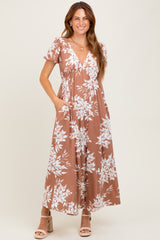 Mocha Floral Print Short Sleeve V-Neck Maternity Maxi Dress