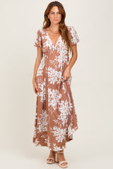Mocha Floral Print Short Sleeve V-Neck Maxi Dress
