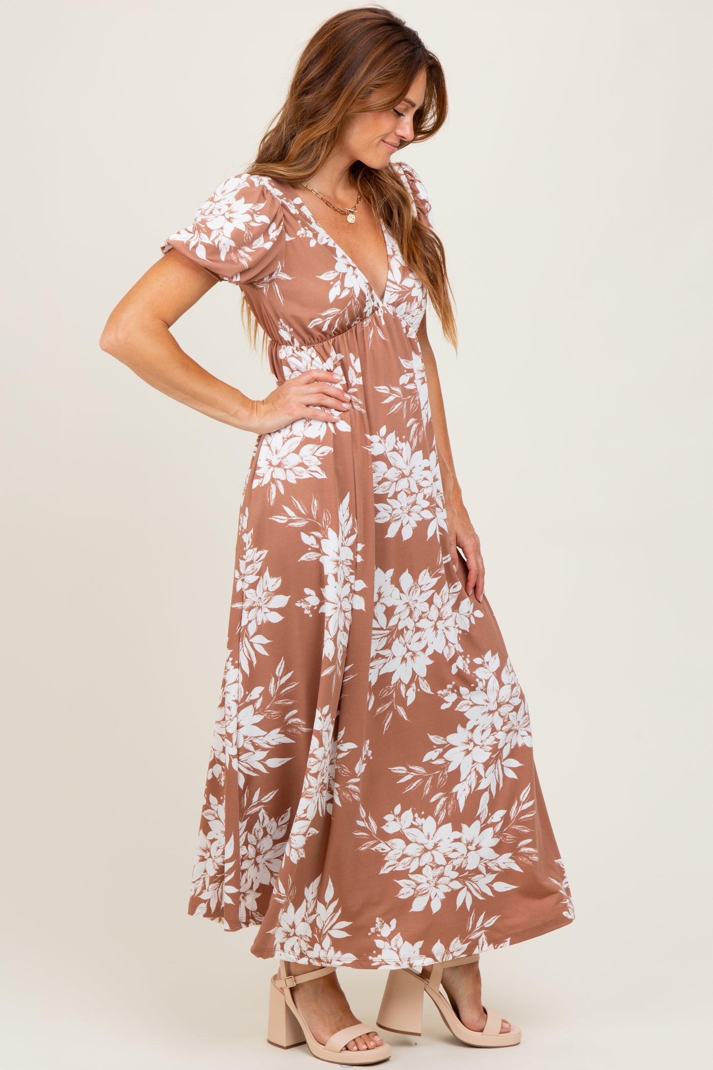 Mocha Floral Print Short Sleeve V-Neck Maxi Dress
