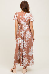 Mocha Floral Print Short Sleeve V-Neck Maxi Dress