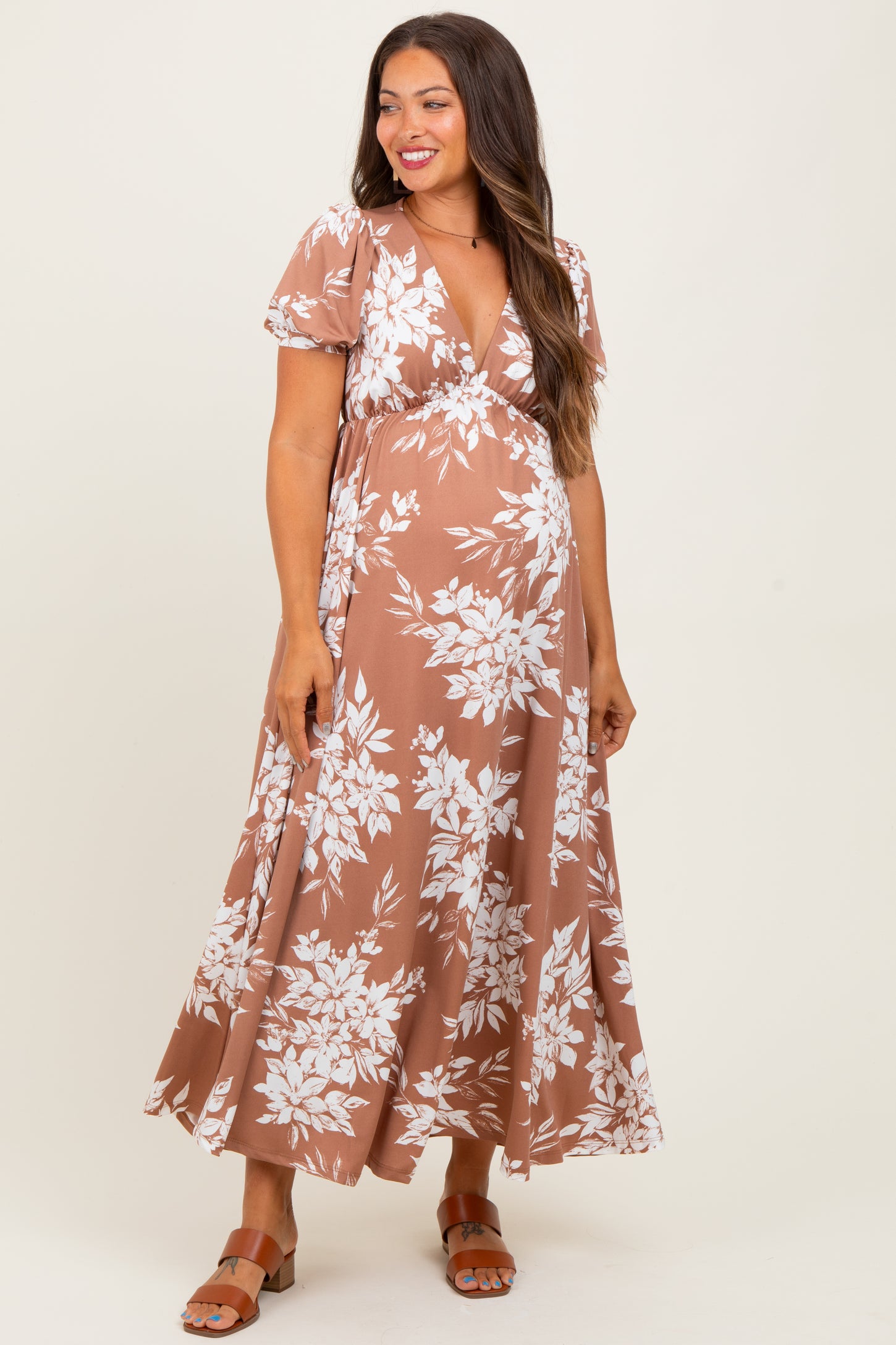 Mocha Floral Print Short Sleeve V-Neck Maternity Maxi Dress